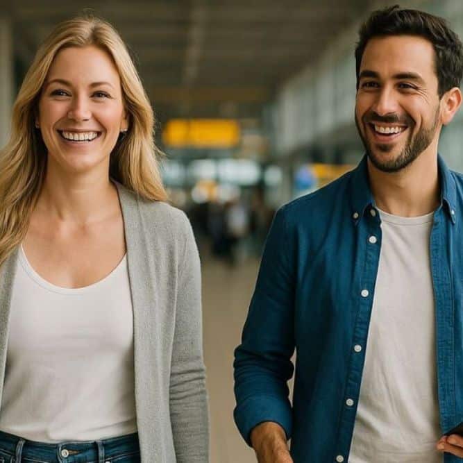 Blonde woman and man arriving at Schiphol Airport ready to take the train to Amsterdam city center.